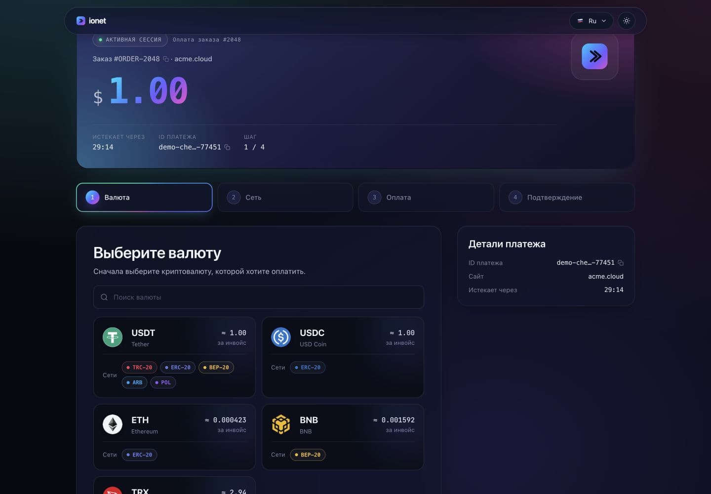 Реальная страница checkout ionet с выбором валюты